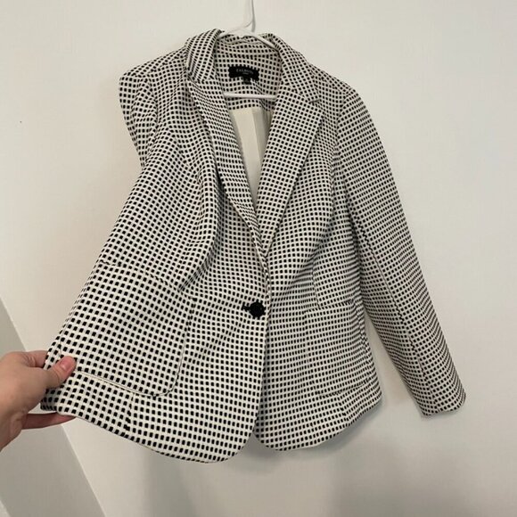 TALBOTS Plus Size Textured Checked Blazer Cream Black Check One Button Jacket 1X - Picture 7 of 16